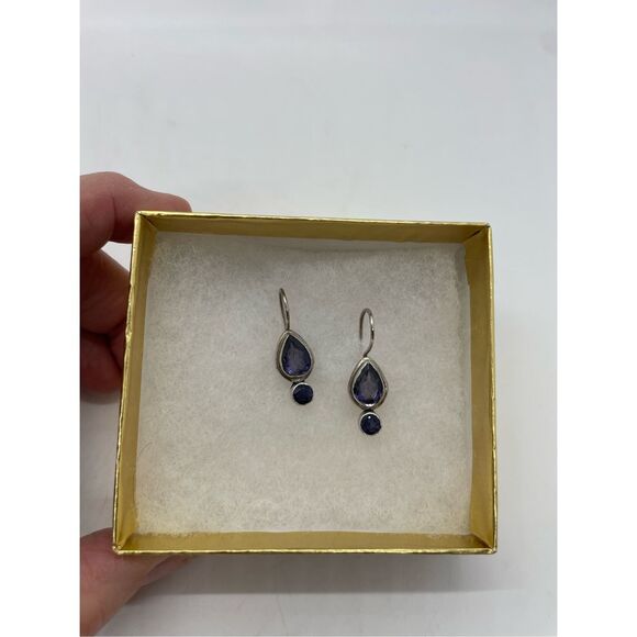 Vintage Lolite Drop Earrings Purple Pierced Fish Hook Stamped - Picture 2 of 7